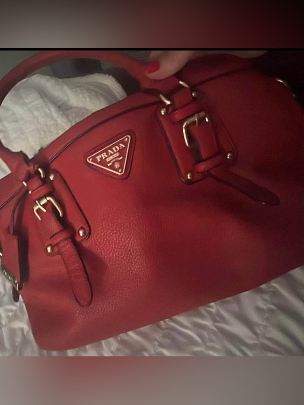 Prada Red Pebbled Leather Shoulder Bag with Gold Hardware